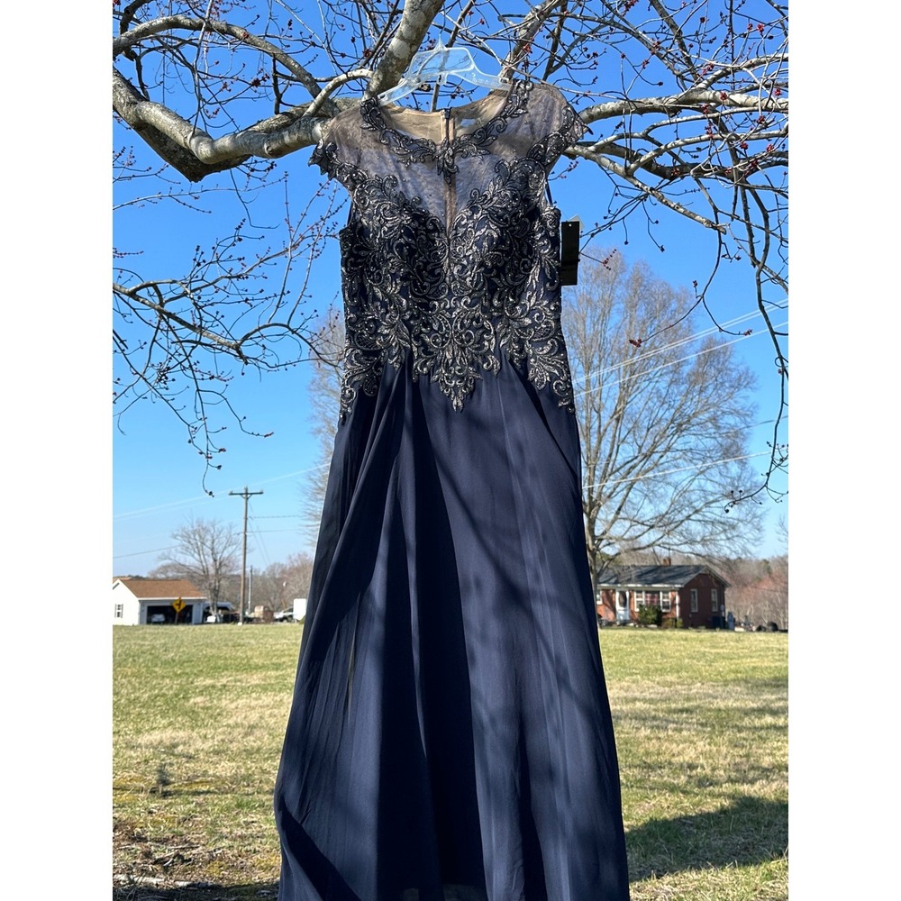 Xscape‎ Navy Blue Silver Embroidered Rhinestone Chiffon Gown Dress 4202X Size 10